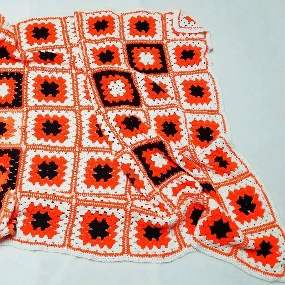 VINTAGE Granny Square Handmade Orange Afghan Throw